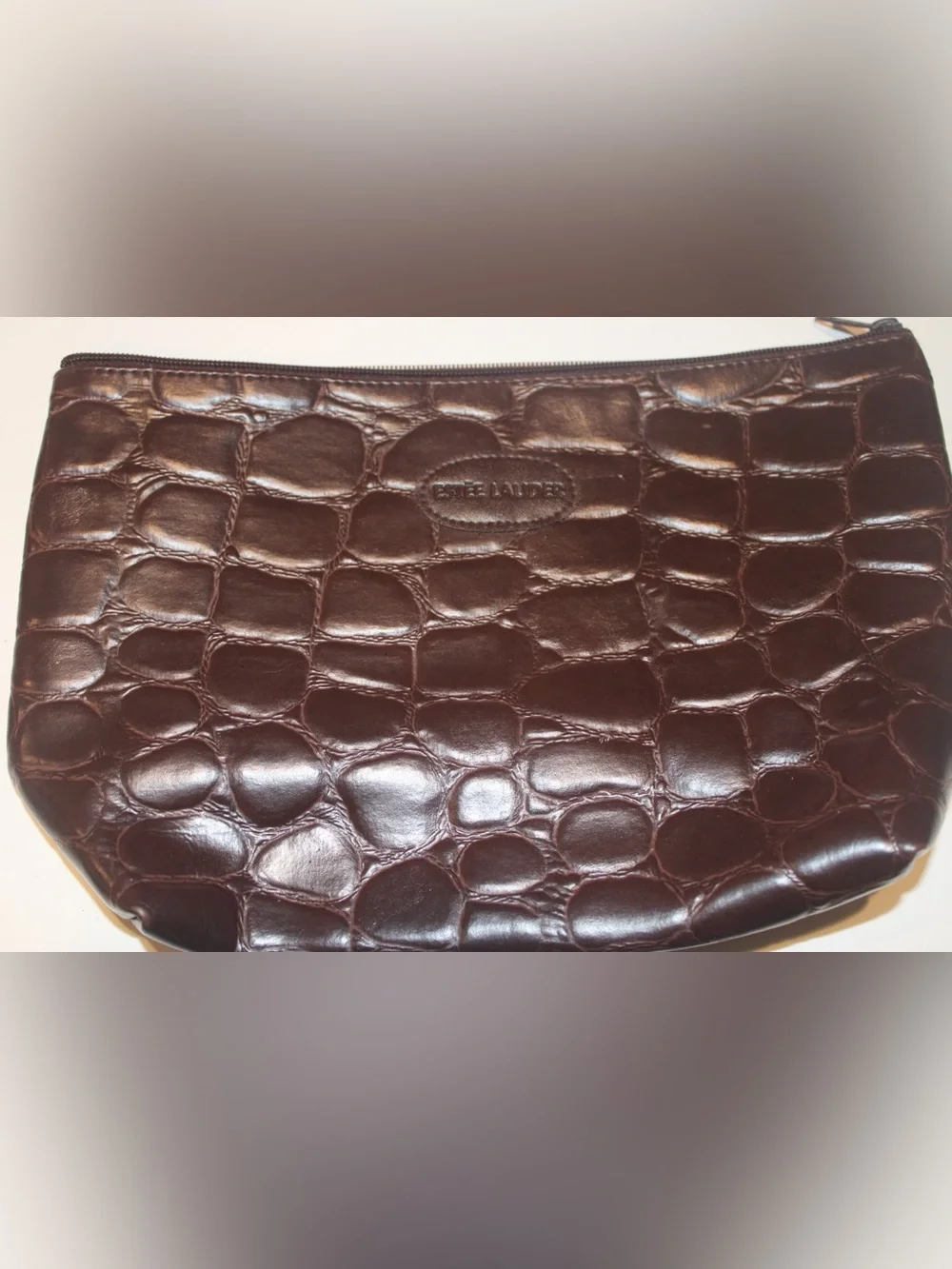 Vintage Estée Lauder Brown Croc Embossed Faux Leather Zippered Makeup Pouch